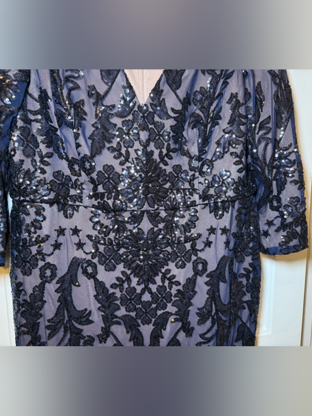 Papell Studios Navy Sequined V Neck Sheath Dress Sz 18 Plus Floral Beige Lined - Picture 4 of 10